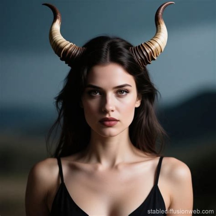 a woman with horns on her head is looking down at her hand and touching