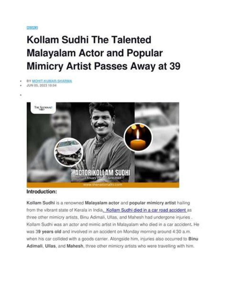 Actor and mimicry artist Kollam Sudhi passes away in car accident