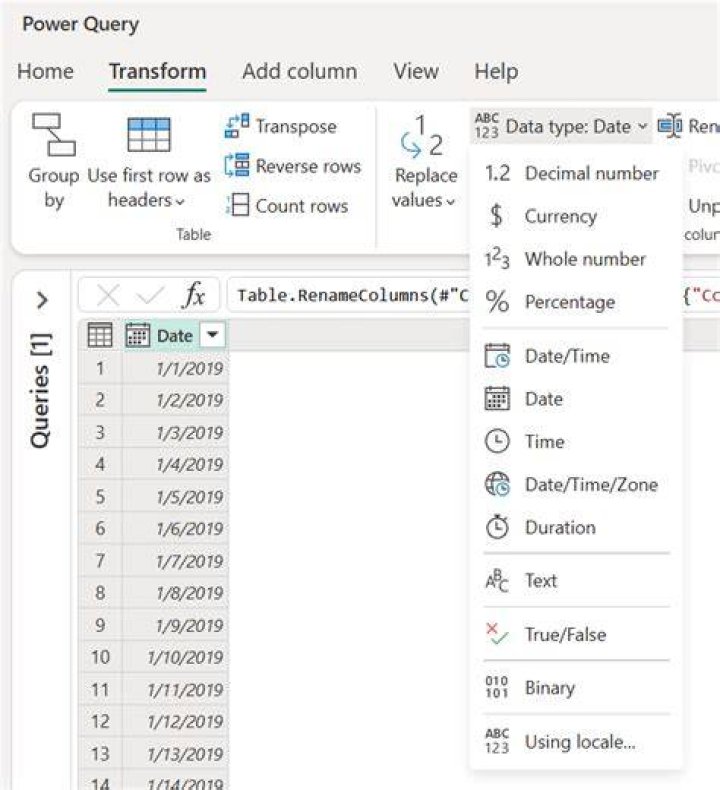 How do you change the Data Type in Excel Power query?