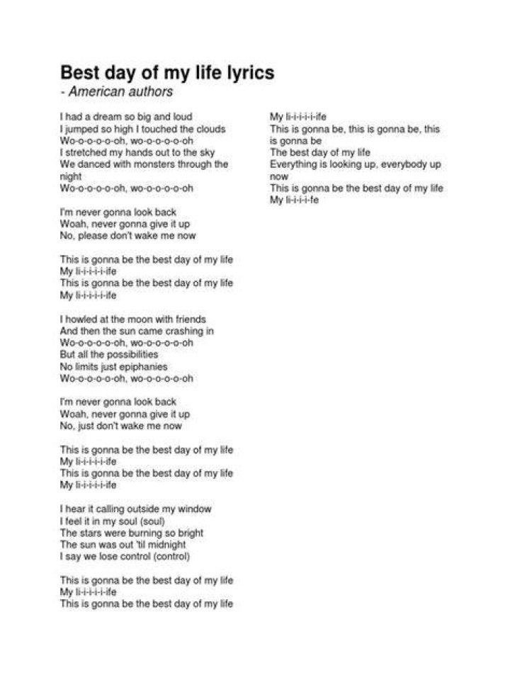 Lyrics To Best Day Of My Life