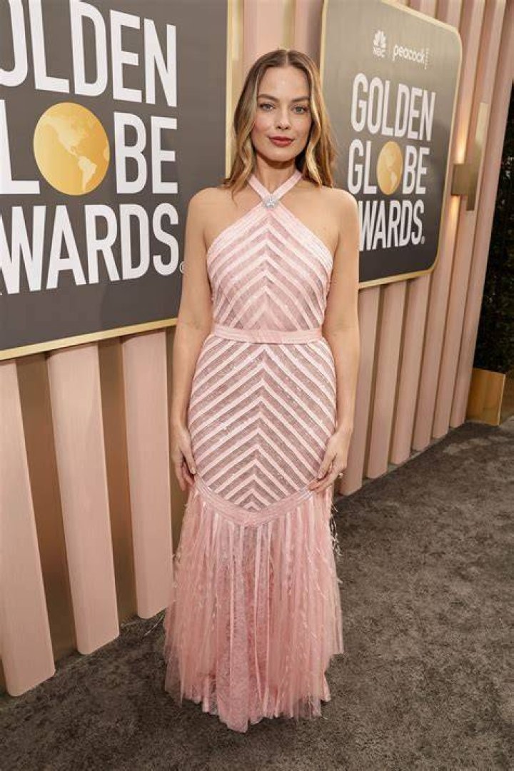 Margot Robbie At Golden Globes 2024 Pink Sequin Dress Hollywood Life