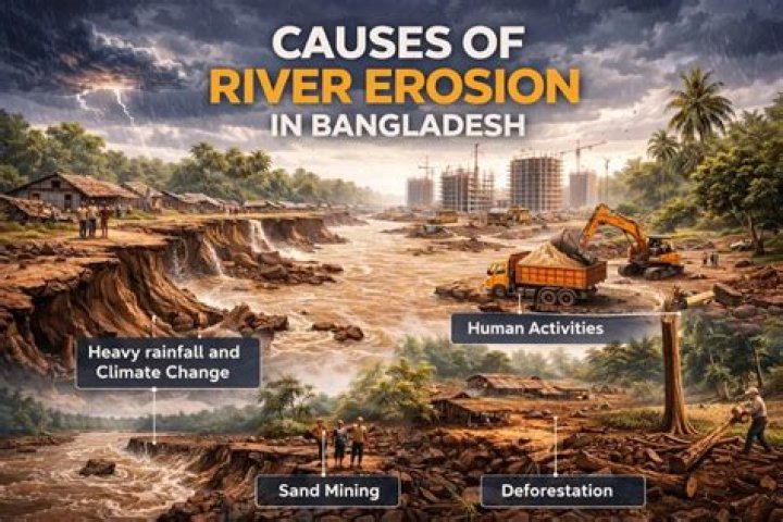 What causes river erosion in Bangladesh?