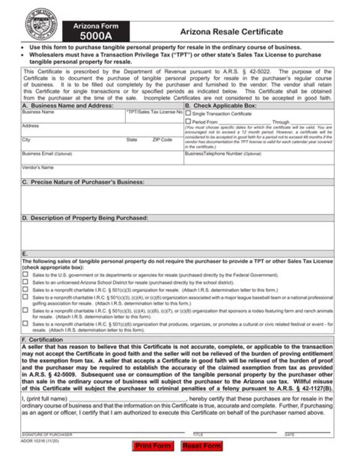 What is Arizona Form 5000A?