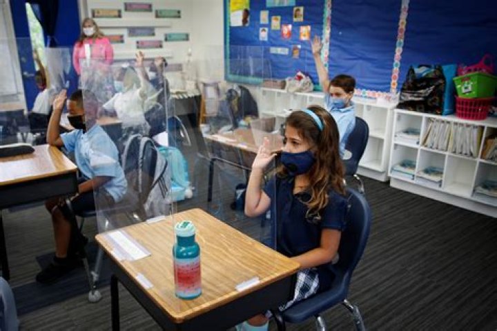 What is the recommended distance from students in school during the COVID-19 pandemic?